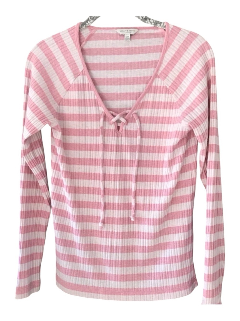 Lucky Brand Pink White Striped Ribbed Knit Top Lace Up L Coquette Lounge